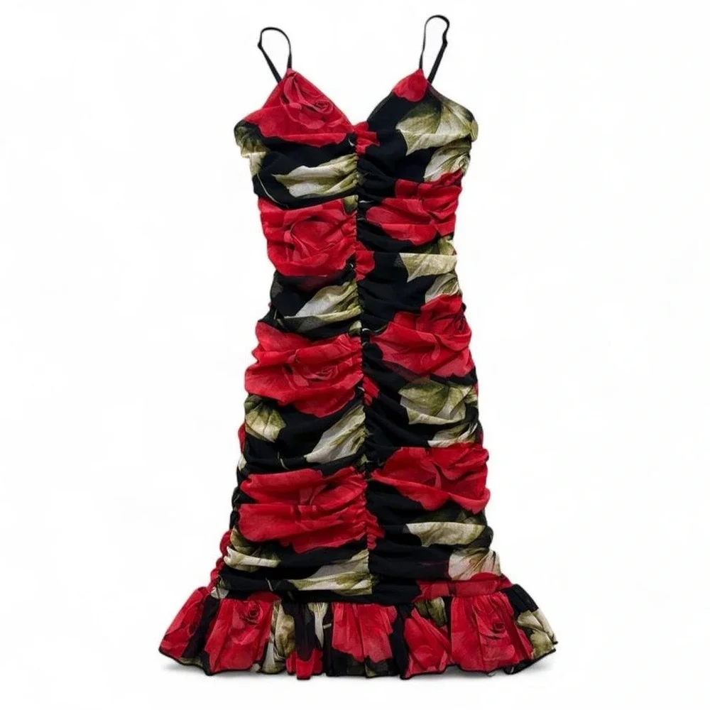 Y2K Ruffle Mini Dress Romantic Coquette Party Leyva's USA Rose Print Ruched S - Picture 1 of 8